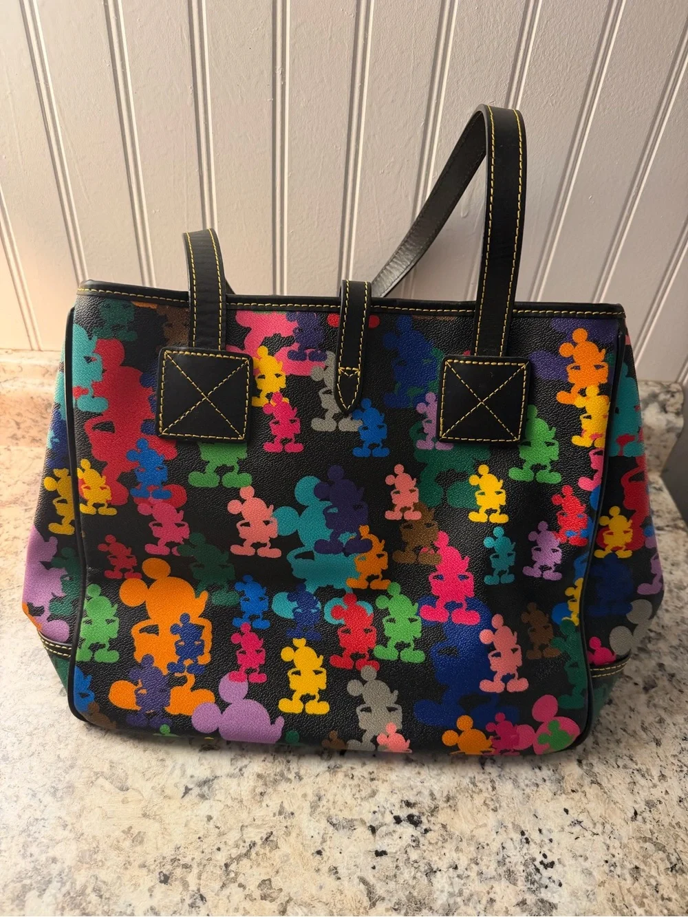 Disney Dooney & Bourke Black Multicolor Mickey Print Tote Purse Black Leather